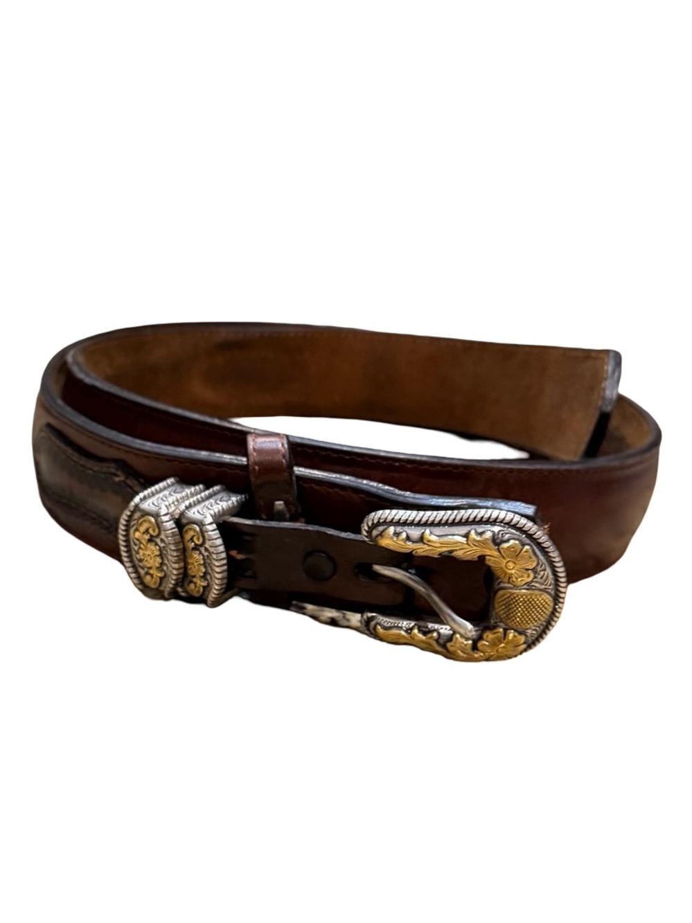 Men's Brown Leather Western Belt with Ornate Two-Tone Buckle